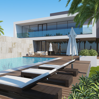 3d rendering of a modern cubic villa with wooden facade elements