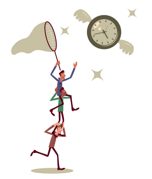 illustrations, cliparts, dessins animés et icônes de groupe multiethnique d’hommes d’affaires faisant une pyramide humaine pour attraper une horloge volante (temps volant) - time flies