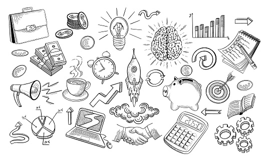 Business idea sketch collection. Black doodles in sketchy vintage style on white background. Vector illustration.