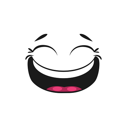 Laughing smiley with broad open mouth and winked eyes of joy. Vector happy smiling emoji, giggling emoticon in good mood. Satisfied avatar expression, comic man head with blinked eyes, funny joke sign