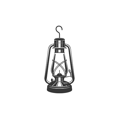 Antique glass kerosene lantern with metal handle isolated monochrome icon. Vector old miners lantern, retro oil lamp. Retro paraffin lamp. Miners object with burning flame in black and white