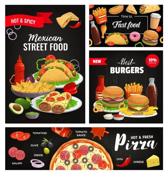 Vector illustration of Mexican cuisine street cafe, fast food menu banner