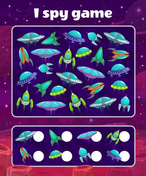 Vector illustration of I spy game with spaceships, kids vector riddle