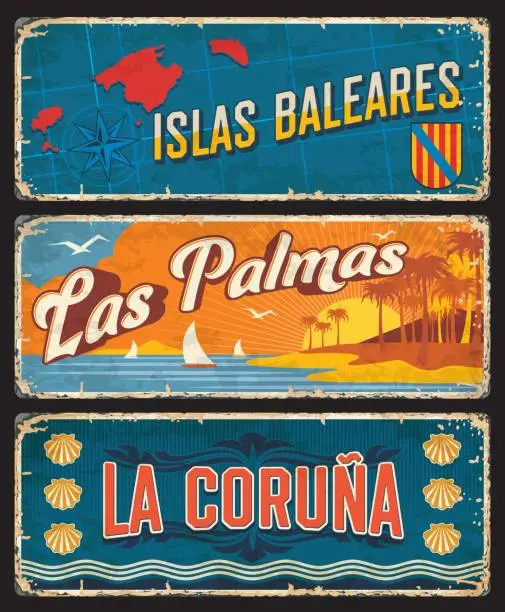 Vector illustration of Spain Coruna, Palmas, Balearic Islands metal plates