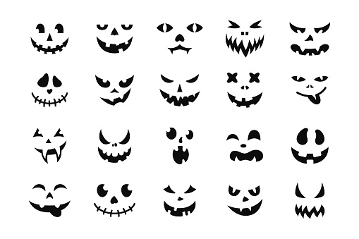 Face Halloween icon set. Black creepy smile, smiling mask, pumpkin grin. Cute and funny muzzle. Scary spooky devils eyes and smile, variety mouth and nose. Isolated vector illustration silhouette