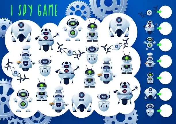 Vector illustration of Kids game, I spy with robots, droids and drones