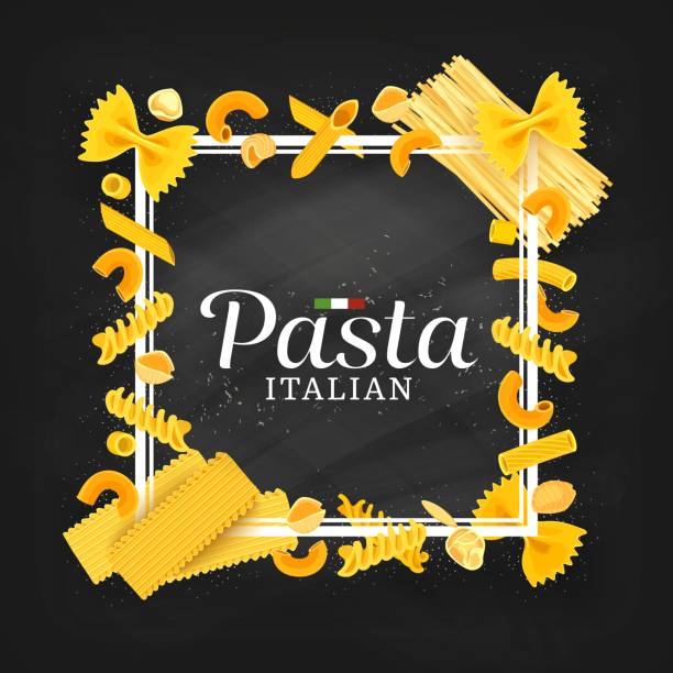 illustrazioni stock, clip art, cartoni animati e icone di tendenza di striscione o cornice alla lavagna di pasta della cucina italiana - spaghetti crudi