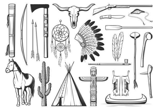 ilustrações de stock, clip art, desenhos animados e ícones de native americans, indians culture symbols, weapons - native american north american tribal culture symbol dreamcatcher