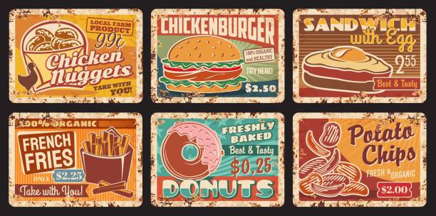 ilustrações, clipart, desenhos animados e ícones de fast food lanches enferrujados pratos metálicos vetor set - rusty metal backgrounds retro revival