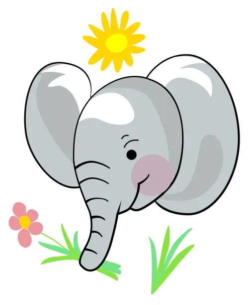 Vector illustration of sketch of a cute elephant with a flower and a sun
