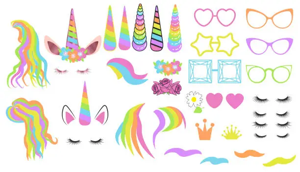 Vector illustration of Create your own unicorn - big vector collection. Unicorn constructor. Cute unicorn face.