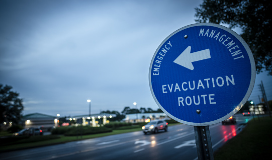A sign leads hurricane evacuees to safety.
