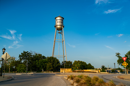 Round Rock Water Tower the iconic historic landmark of the suburb town north of Austin , Texas , USA