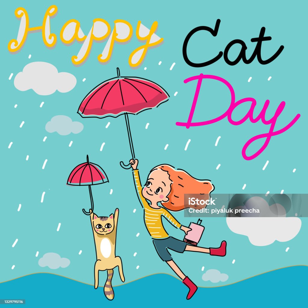 Ilustración de Feliz Gato Día Gato Tarjeta Y Chica Volando Con Paraguas En  El Cielo Lluvioso Vector De Dibujos Animados y más Vectores Libres de  Derechos de Cubierta de libro - iStock