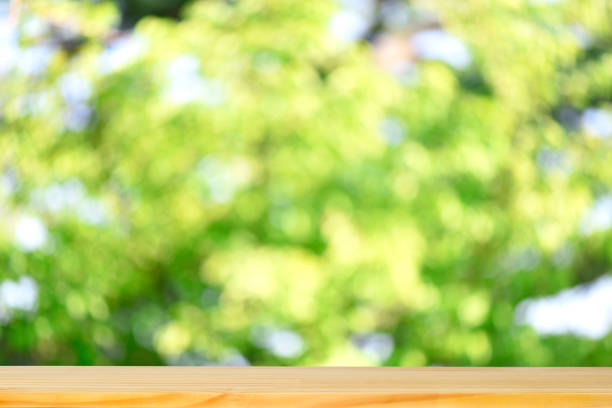 istock Empty wooden table top in park blurred background 1329795183