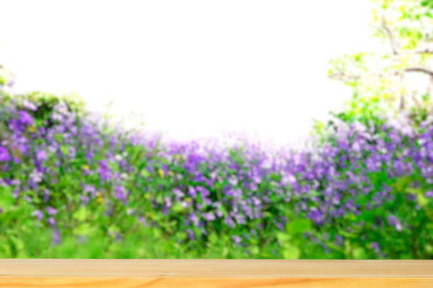 istock Empty wooden table top in park blurred background 1329795184
