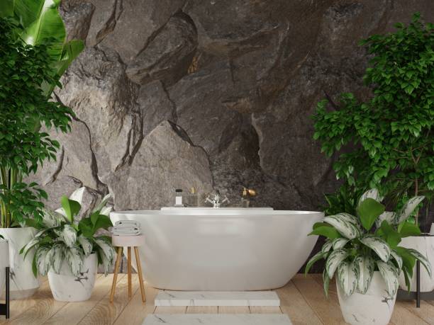 istock Modern Bathroom interior design have a back dark rocks wall. 1329797845