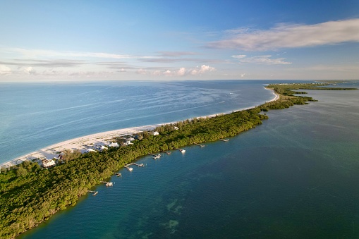 Aerial view of Key West sea port, Sunset Key, Cruise ship at the dock. Wisteria Island and Fleming Key on the back