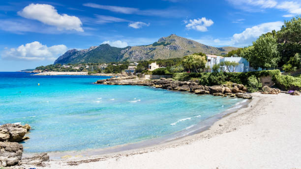 Landscape with Sant Pere beach Landscape with Sant Pere beach of Alcudia, Mallorca island, Spain bay of alcudia stock pictures, royalty-free photos & images