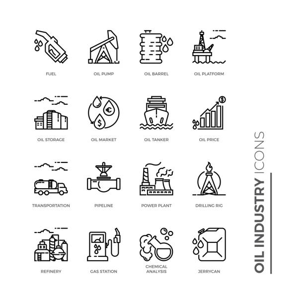 Oil industry icon design template, Simple Set of Oil Industry Related Vector Line Icons. Contains such Icons as Jerrycan, Oil Tanker, Power Plant, Fuel, Gas Station, Oil Platform and more. Oil industry icon design template, Simple Set of Oil Industry Related Vector Line Icons. Contains such Icons as Jerrycan, Oil Tanker, Power Plant, Fuel, Gas Station, Oil Platform and more. symbol fuel and power generation fossil fuel fuel pump stock illustrations