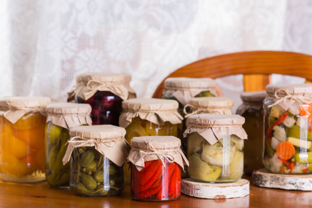istock Homemade preserved, fermented food, pickled, marinated vegetables, fruit compote 1329811941