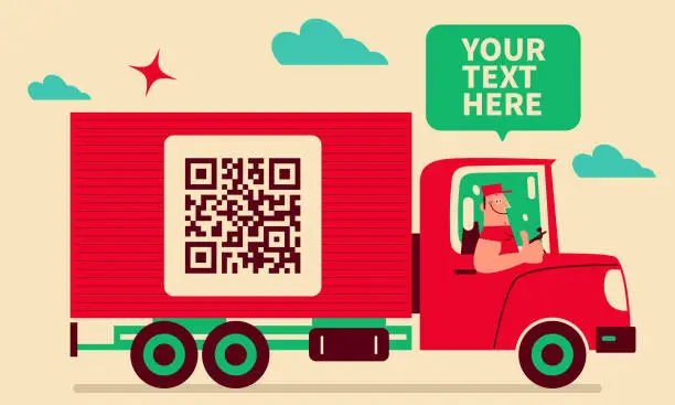 Vector illustration of Truck driver wearing a trucker's hat drives a truck with a QR code on the container and gives a thumbs up