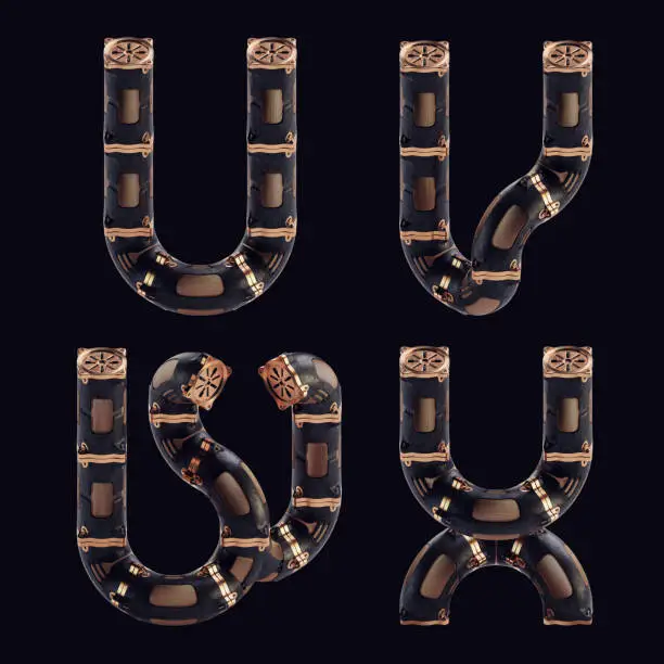 Photo of 3d rendering of steampunk letters made of copper pipes.