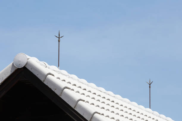 Air terminal rod or Lightning rod on the roof of a building Air terminal rod or Lightning rod on the roof of a building for lightning protection systems and protect electrical equipment damage when raining and lightning strike. storm system stock pictures, royalty-free photos & images