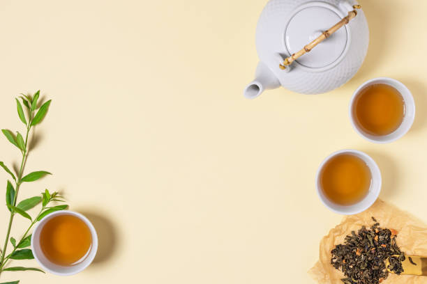 istock Asian tea ceremony with teapot and tea cups top view. 1329820262