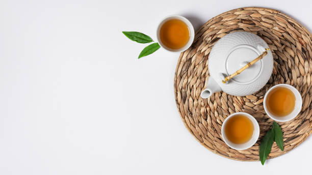 istock Tray with teapot and tea cups with tea drink top view on white background. 1329820264