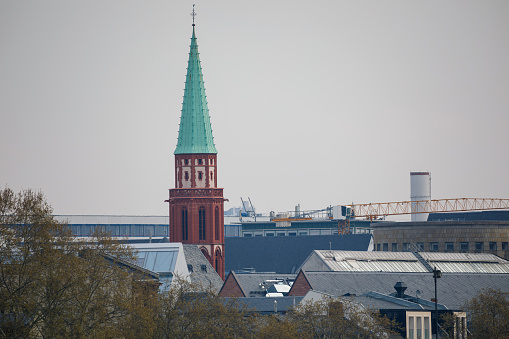 Far view on the bell tower of the Nikolaikirche in Frankfurt