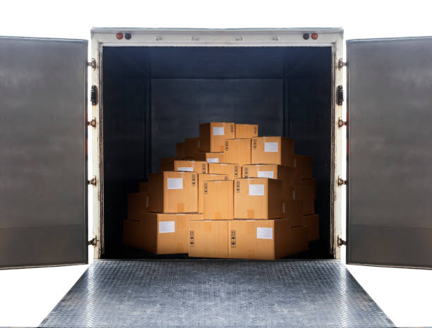 istock Package Boxes Load with Cargo Container Truck. Delivery, Shipment Boxes, Cargo Freight Truck transport and Logistics. 1329822707