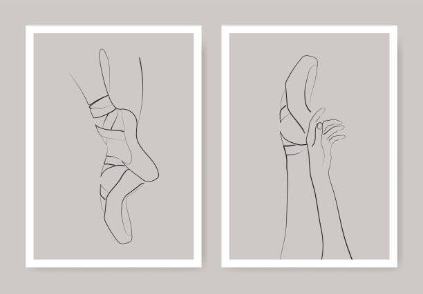 ilustraciones, imágenes clip art, dibujos animados e iconos de stock de ballet de una línea de arte ilustraciones de impresión. contorno de silueta pierna y manos de prima ballerina. - ballet shoe dancing ballet dancer