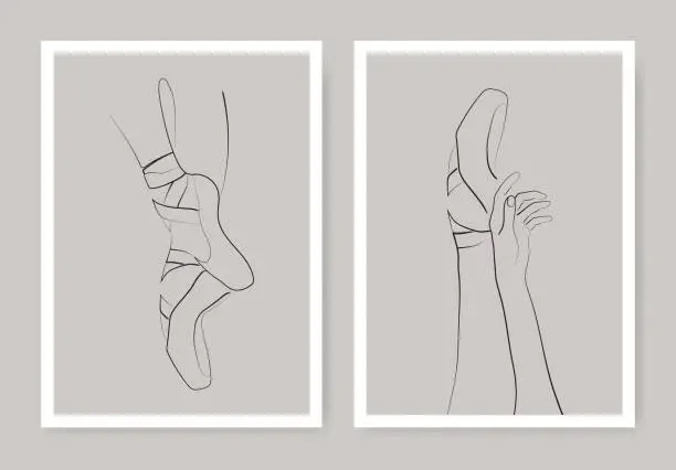Vector illustration of Ballet one line art print illustrations. Contouring silhouette leg and hands of prima ballerina.