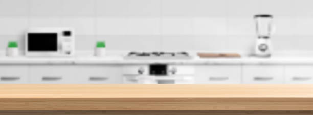 ilustrações de stock, clip art, desenhos animados e ícones de wooden counter top on kitchen blur background - cutting board cooking wood backgrounds