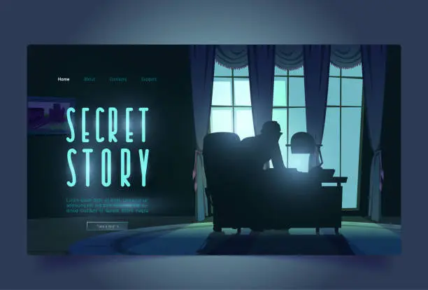 Vector illustration of Secret story tour banner with spy in night office