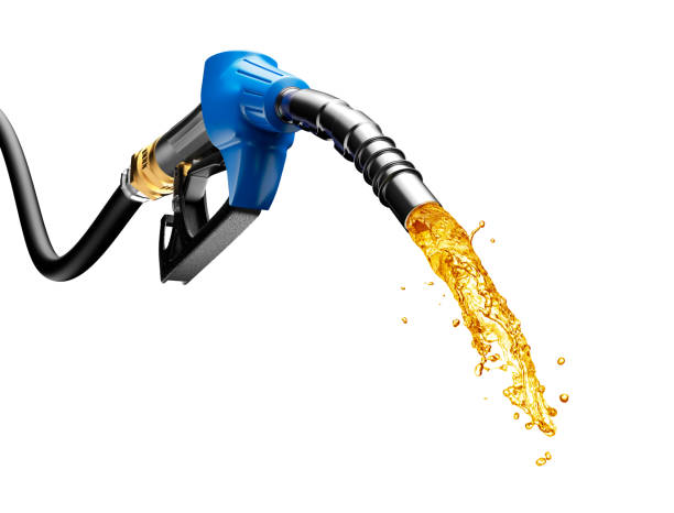 istock Gasoline gushing out from pump isolated on white background 1329826032
