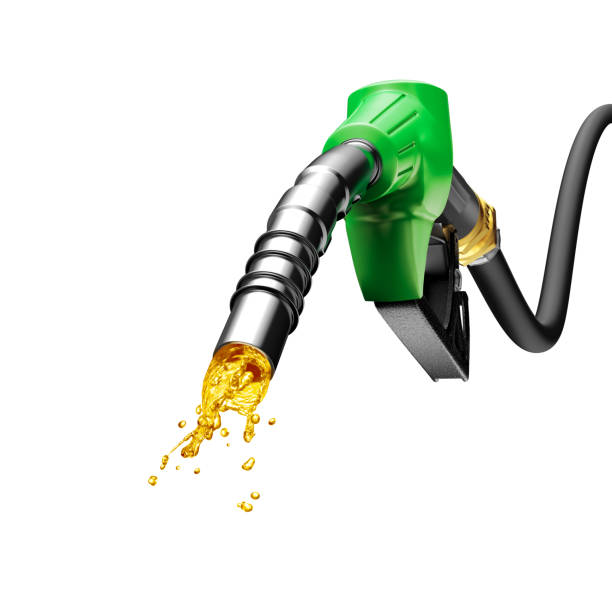 istock Green gas pump nozzle with petrol splash isolated on white background 1329826034