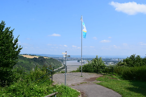 Andernach, Germany - 07/19/2021: viewing are Kanzel on the Krahnenberg Andernach with the hiking trail system's flag of the Traumpfade