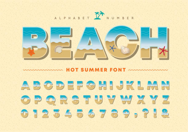 letni alfabet plażowy i zestaw liczb - sand text alphabet beach stock illustrations
