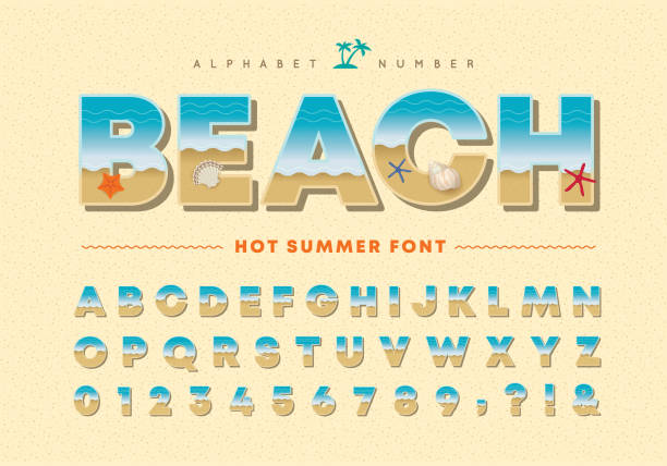 summer beach alphabet and number set - plaj partisi stock illustrations