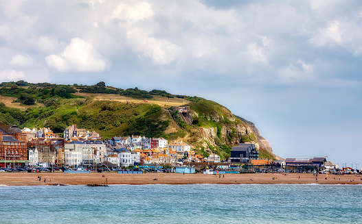 View of East Hill and the beach of Hastings, England, with the the East Hill Cliff Railway Funicular