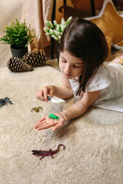 istock Girl playing observing toy bugs with a magnifying glass 1329832692