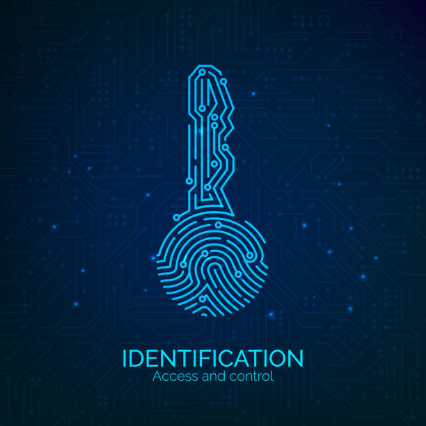 ilustrações de stock, clip art, desenhos animados e ícones de circuit key fingerprint scanner. scan biometric fingermark electronic verification and identification. vector - fingerprint thumbprint biometrics human thumb