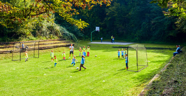 サッカー場で試合をする子供たち - soccer man made material goal post grass ストックフォトと画像