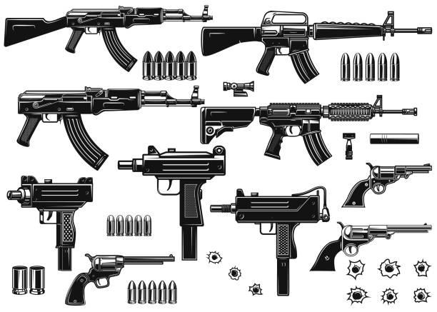 satz von illustrationen der waffe. sturmgewehr, uzi, revolver, handfeuerwaffe, kugeln, einschusslöcher. designelement für label, schild, poster, karte, banner. vektor-illustration - rifle stock-grafiken, -clipart, -cartoons und -symbole