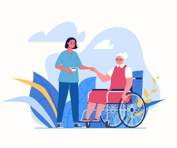 Elderly Care Daily nurse. Providing compassionate and competent help. Personal hygiene for the elderly. Nursing home. community outreach illustrations stock illustrations