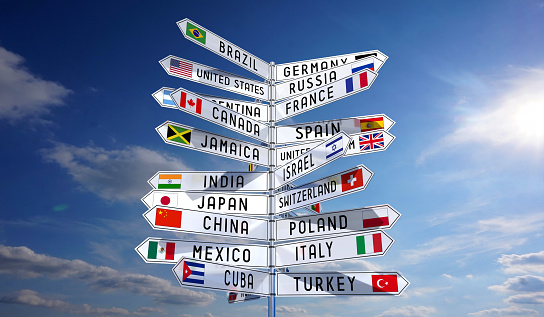 Signpost with national flags of different countries, sky in background - 3D illustration\n\nFlag reference: www.wikipedia.org\nMy own font face design and sky photograph.