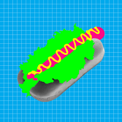 Composition with hot dog in vibrant neon colors background. Modern design, contemporary creative art collage. Inspiration, idea, trendy urban magazine style, fashion and style.