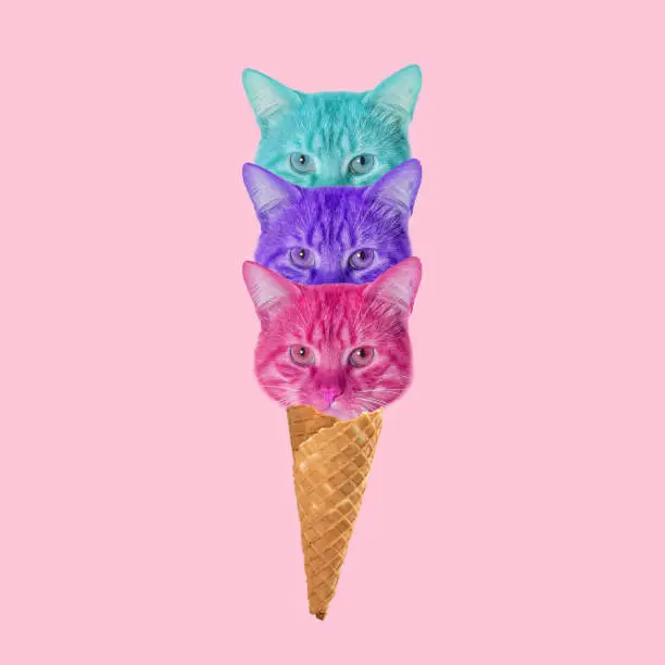 Contemporary art collage, modern design. Summertime funny mood. Icecream filled with cute kittens on light pink background. Copy space for ad, text. Modern design, artwork